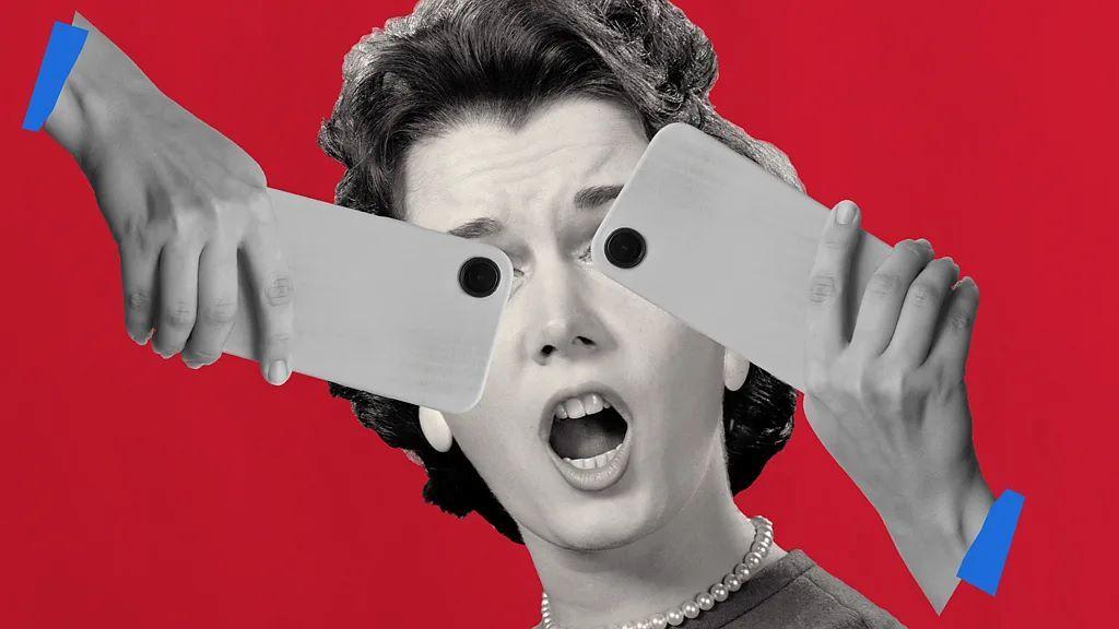 Kako fotografije i video snimci na internetu menjaju način razmišljanja 1 žena sa mobilnim telefonima preko očiju, ilustracija