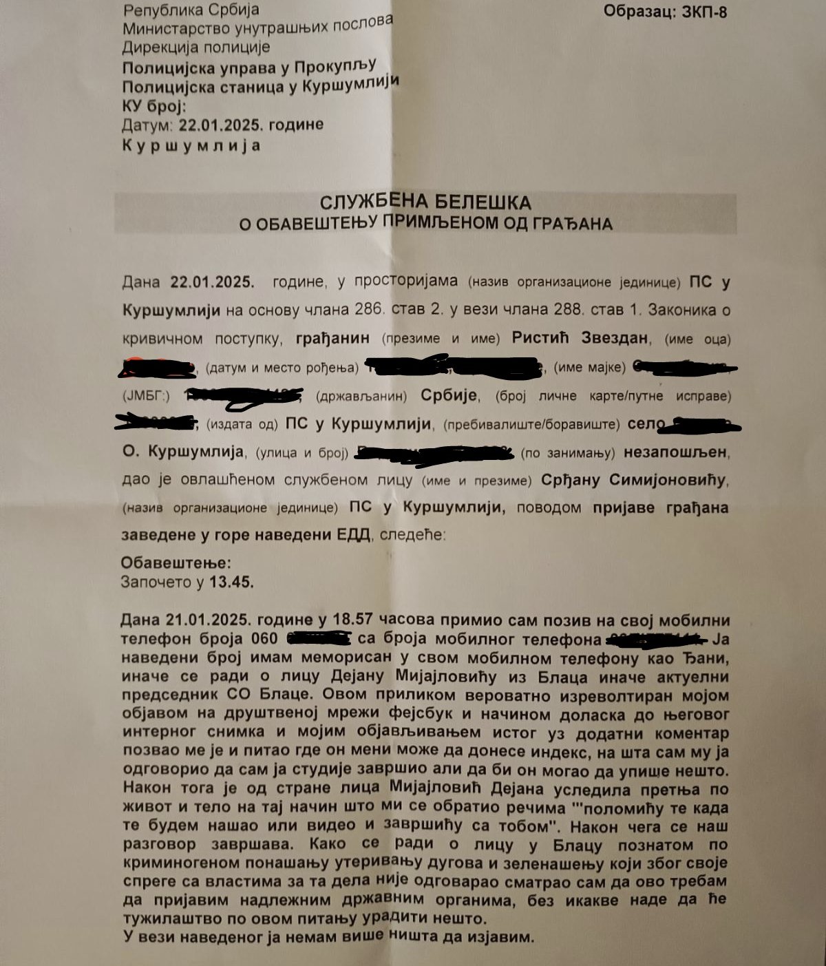 Odbornik prijavio policiji da mu je predsednik SO Blace pretio, funkcioner demantovao 2