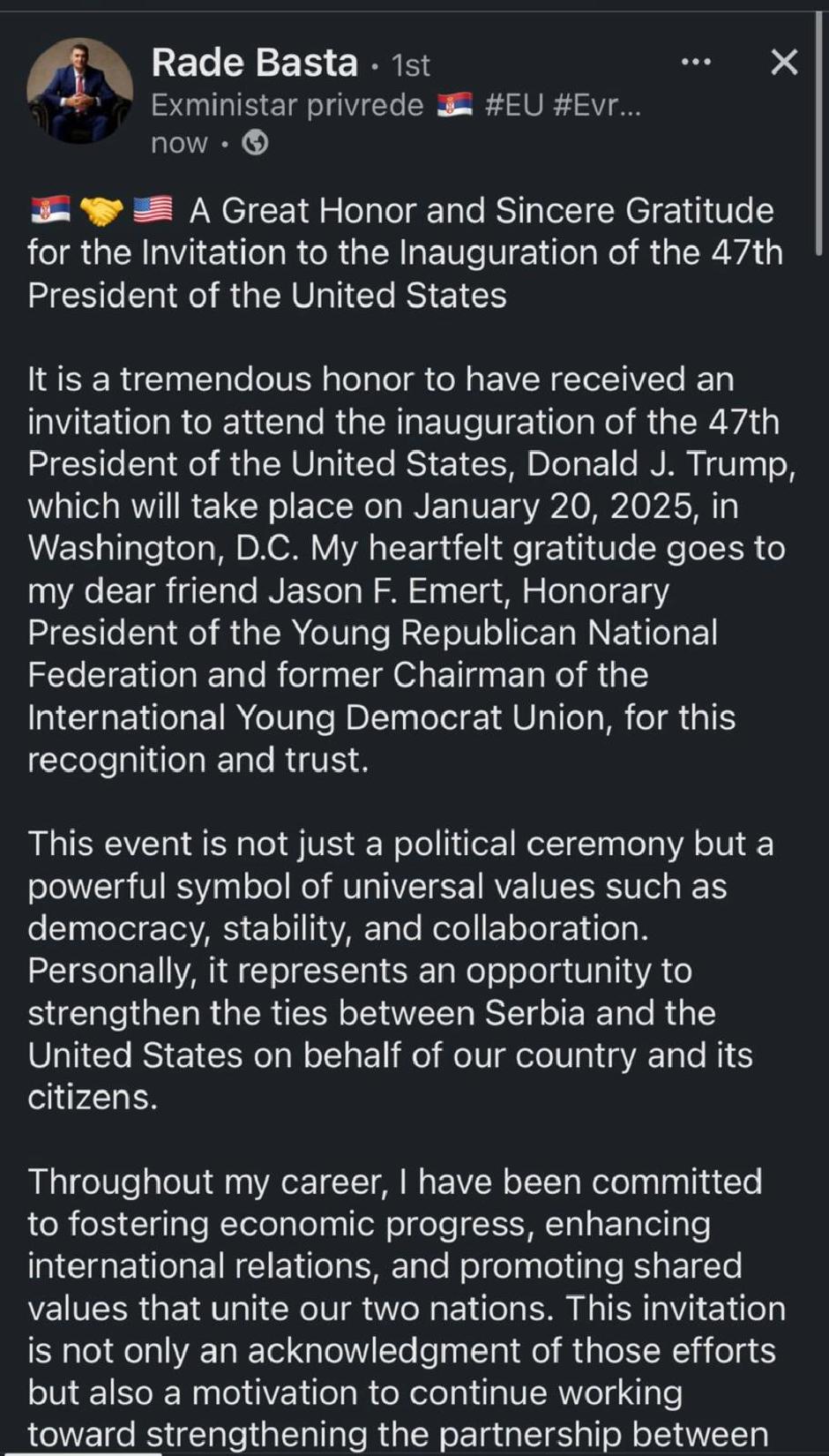 Ko će Srbiju zvanično predstavljati na Trampovoj inauguraciji i ko se hvali da je pozvan? 2