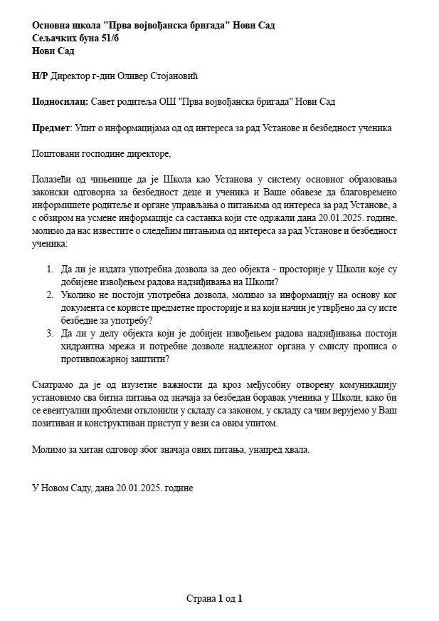 Savet roditelja OŠ "Prva vojvođanska brigada" u Novom Sadu: "Da li je izdata upotrebna dozvola za nadogradnju škole?" 2 Savet roditelja OŠ "Prva vojvođanska brigada" u Novom Sadu: "Da li je izdata upotrebna dozvola za nadogradnju škole?" 2