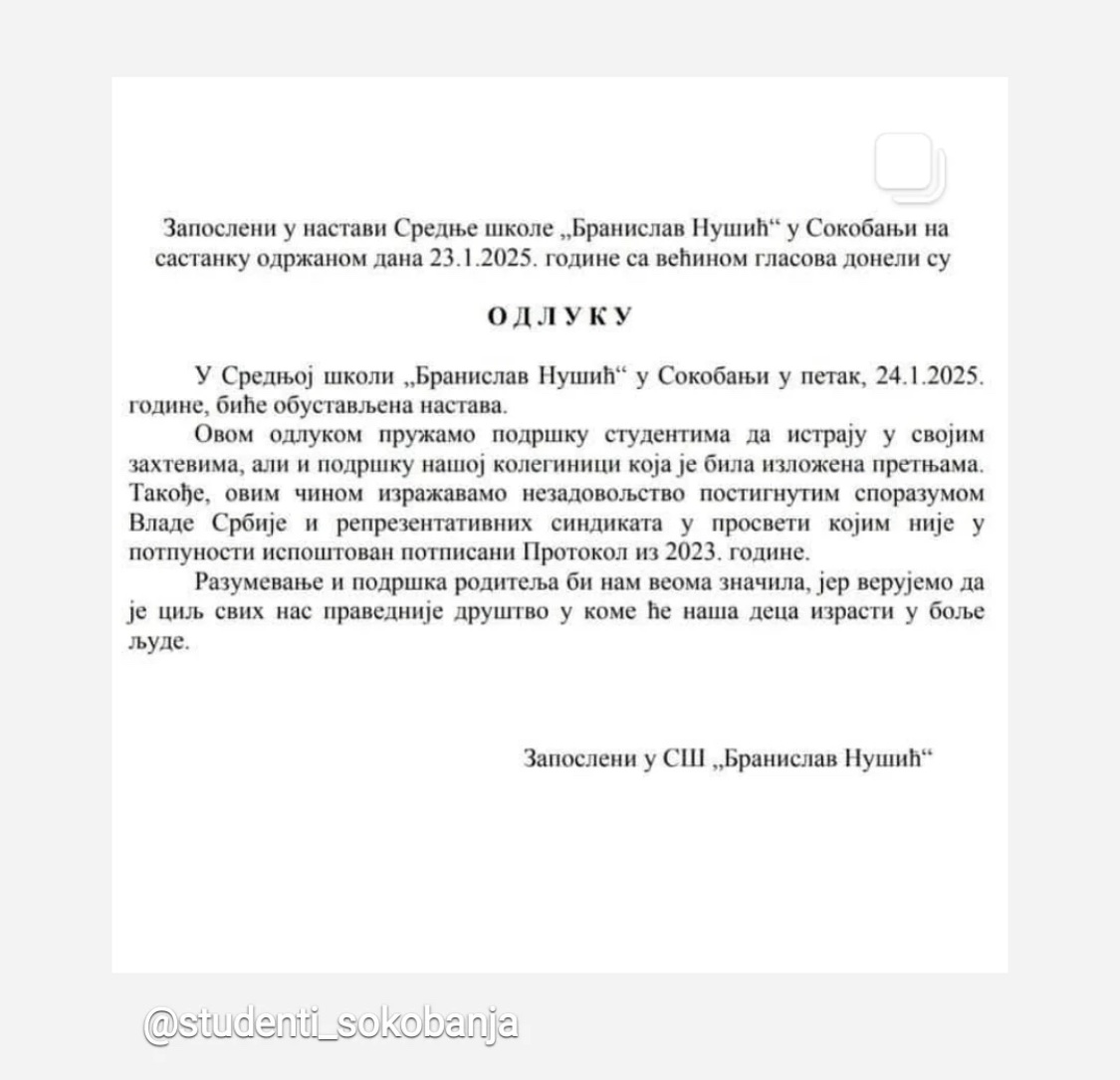 Danas generalni štrajk prosvetara u Soko Banji, sutra protest 3