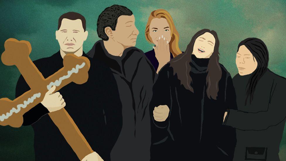 Zašto se nekad smejemo na sahranama 1 Ljudi u crnom na sahrani, deo se smeje deo plače, ilustracija