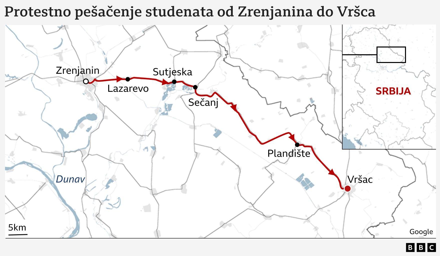 Beograđani u večernjoj protestnoj šetnji, zrenjaninski studenti pešače do Vršca 2 Mapa rute pešačenja studenata od Zrenjanina do Vršca