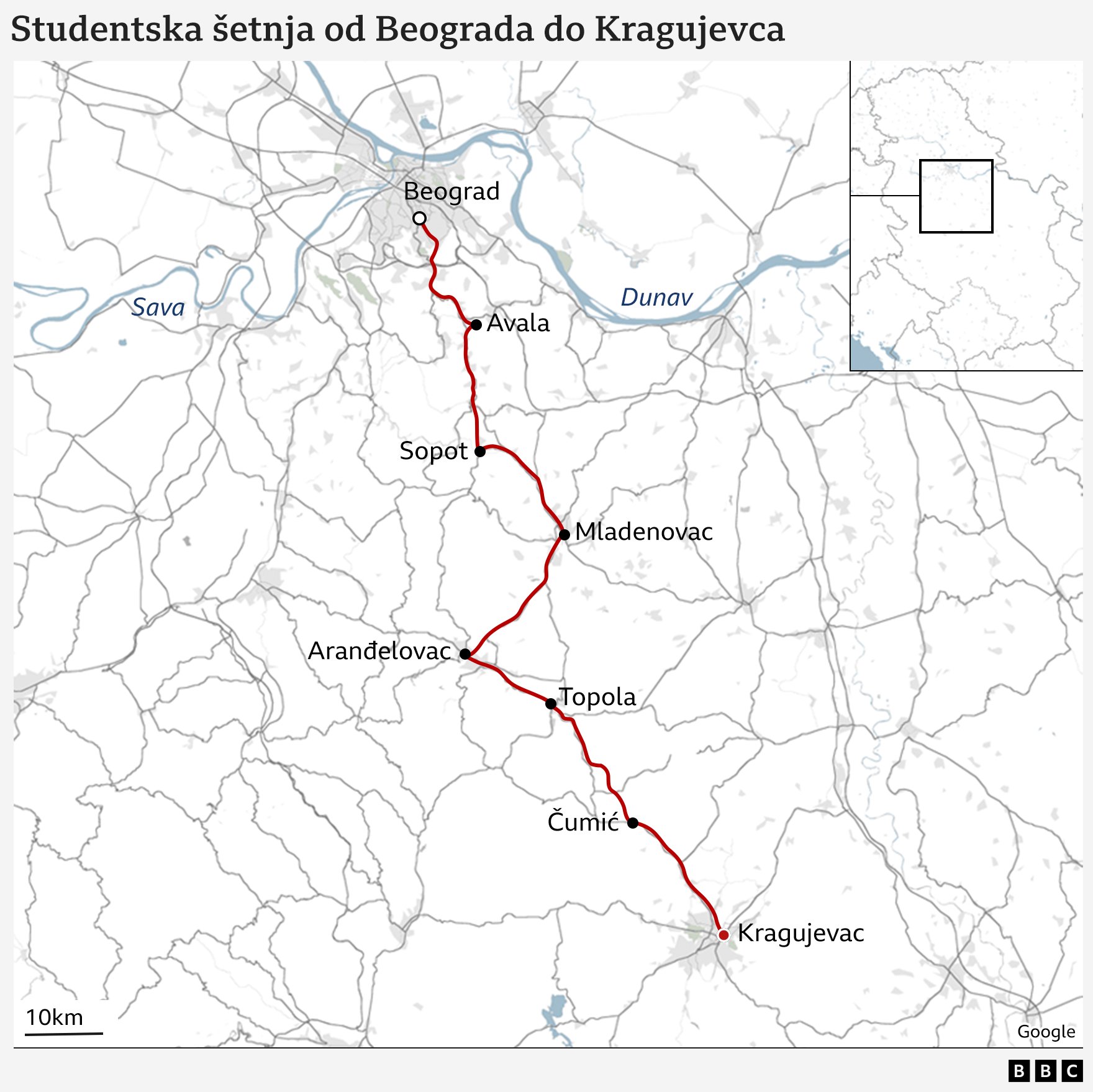 'Mi za umor ne znamo': Studenti koji pešače blizu Kragujevca 16 mapa, studentski protest, studenti pešače do Kragujevca