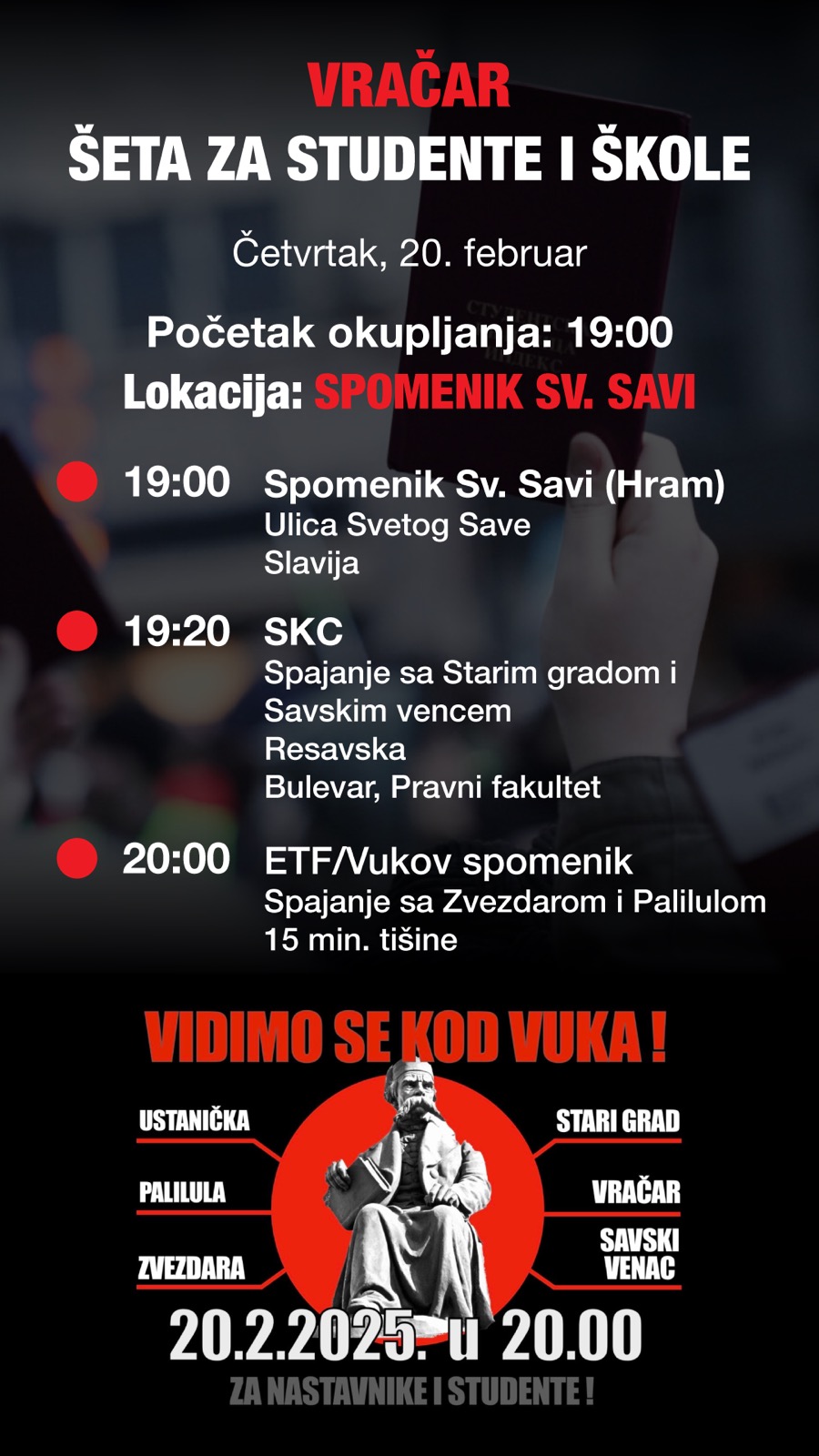 Vidimo se kod Vuka: Protest podrške nastavnicima i studentima u četvrtak u Beogradu 5