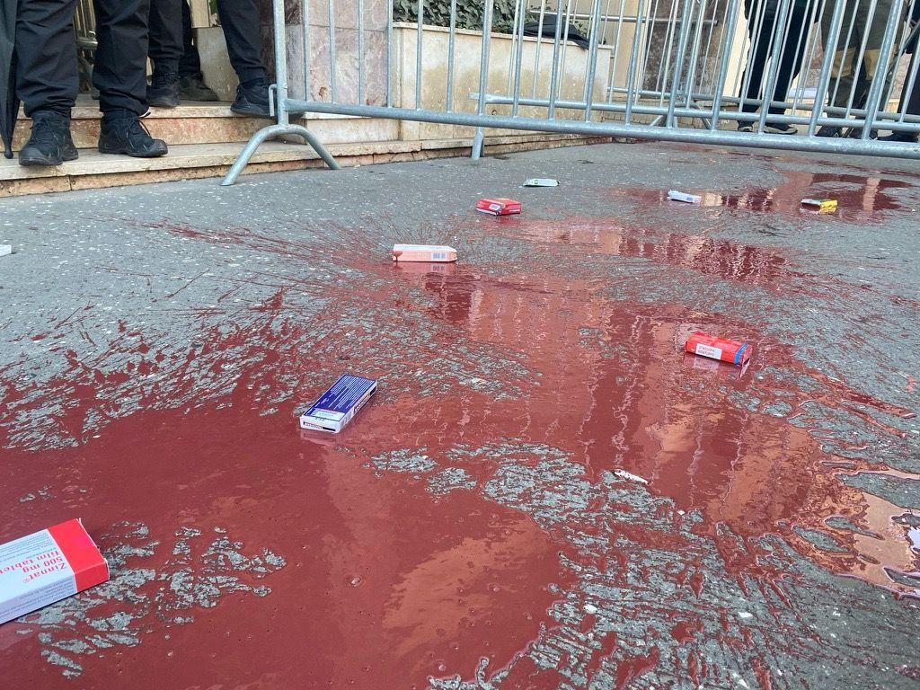 Privođenja i neredi ispred Skupštine Beograda 6 Crvena farba i bačene kutije lekova ispred Skupštine Beograda