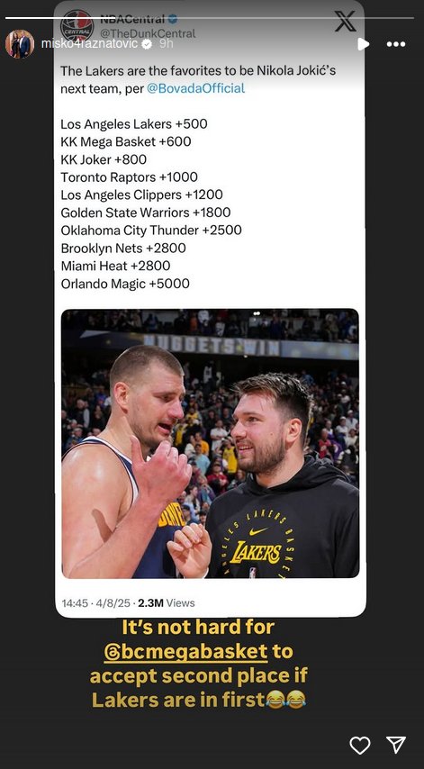 Miško Ražnatović o navodnom trejdu Nikole Jokića: Ako su Lejkersi na prvom mestu, nije teško da Mega prihvati drugo 2 Miško Ražnatović o navodnom trejdu Nikole Jokića: Ako su Lejkersi na prvom mestu, nije teško da Mega prihvati drugo 1