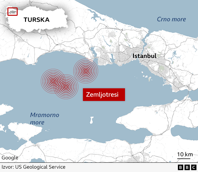 Besana noć u Istanbulu posle zemljotresa, više od 100.000 u prihvatnim centrima 2 Grafika sa lokacijama zemljotresa oko Istanbula