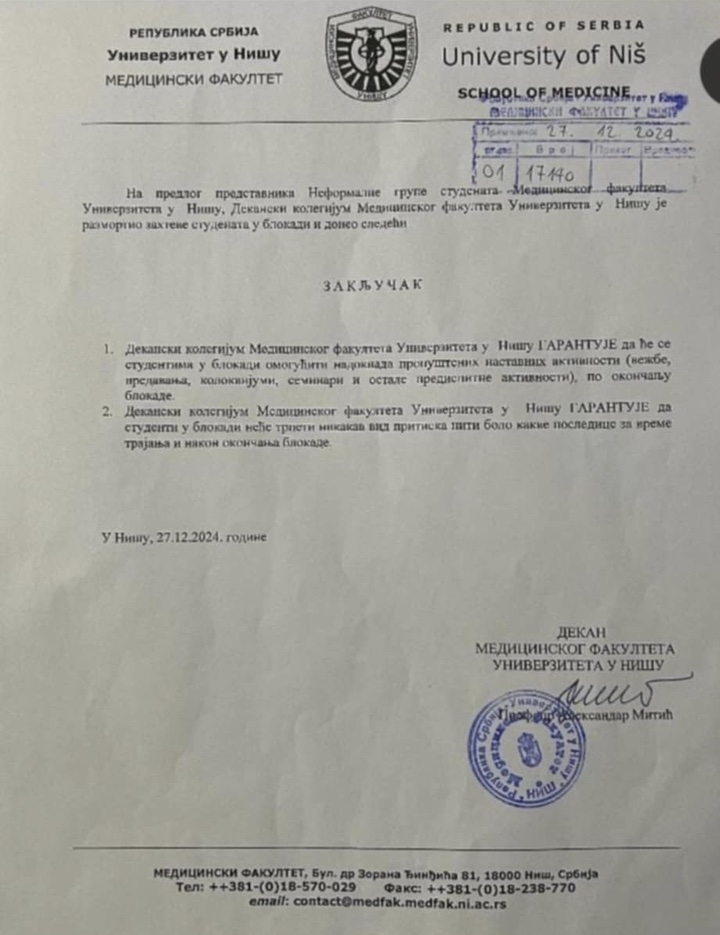 "Do 4. maja ste obavezni da deblokirate fakultet": Dekanat Medicinskog u Nišu zapretio studentima krivičnim postupcima 4