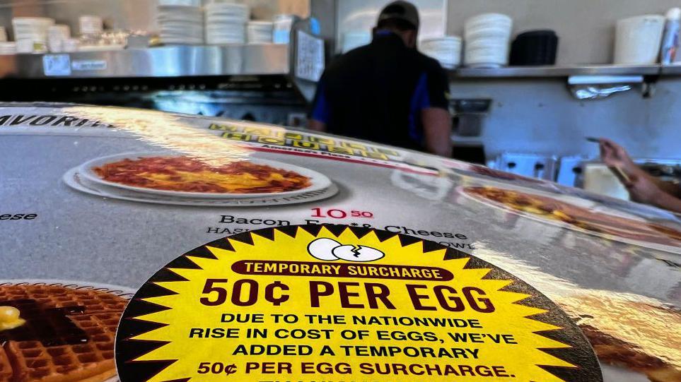 Čeka li nas decenija rekordnih cena hrane 6 Jarko žuti znak sa natpisom „50 centi po jajetu“ na pultu u ogranku Kuća Vafla u Merilendu, SAD, februar 2025.
