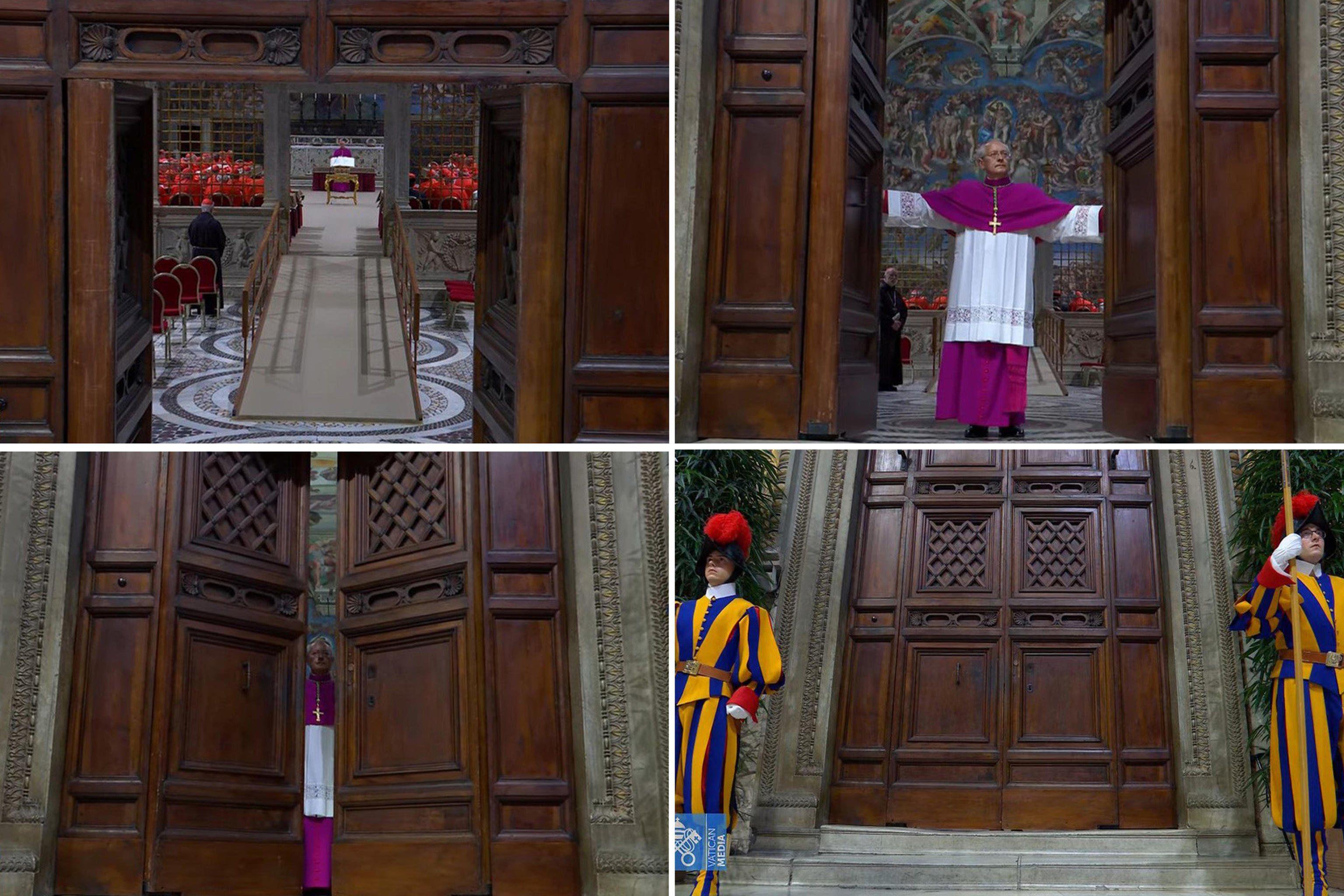 Crni dim u Vatikanu: Kardinali ponovo glasaju o novom papi 3 Kombo četiri fotografije zatvaranja vrata i početka konklave