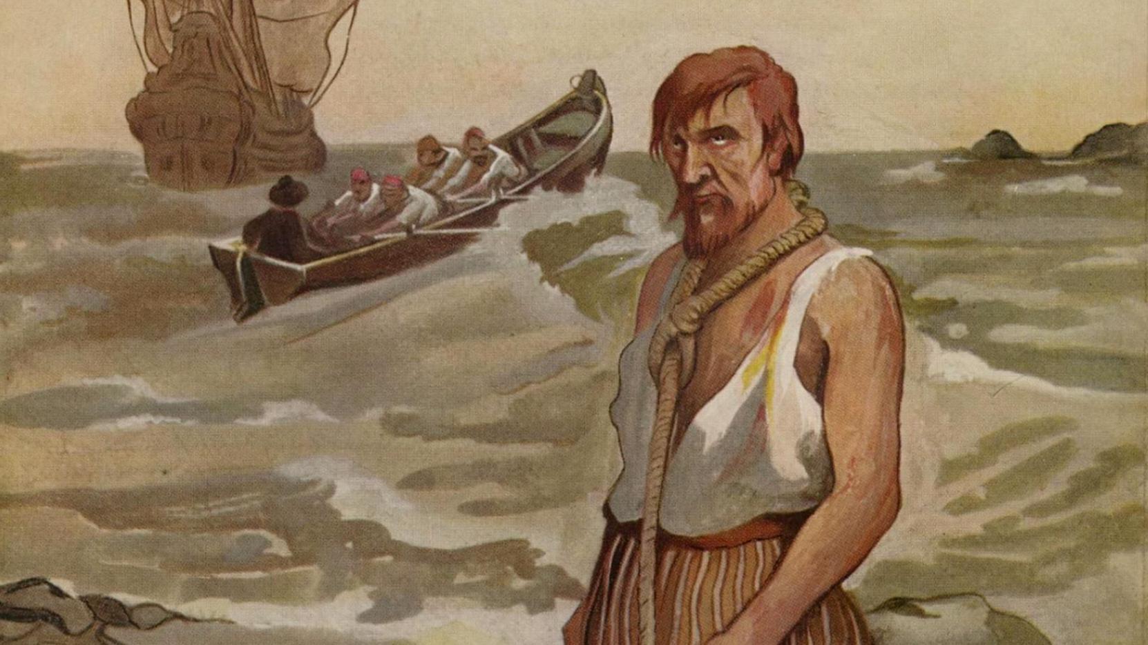 Akvarel na kojem je lendert Hasenboš sa konopcem oko vrata dok iza njega odlazi brod sa posadom, rad GD Hogendorna