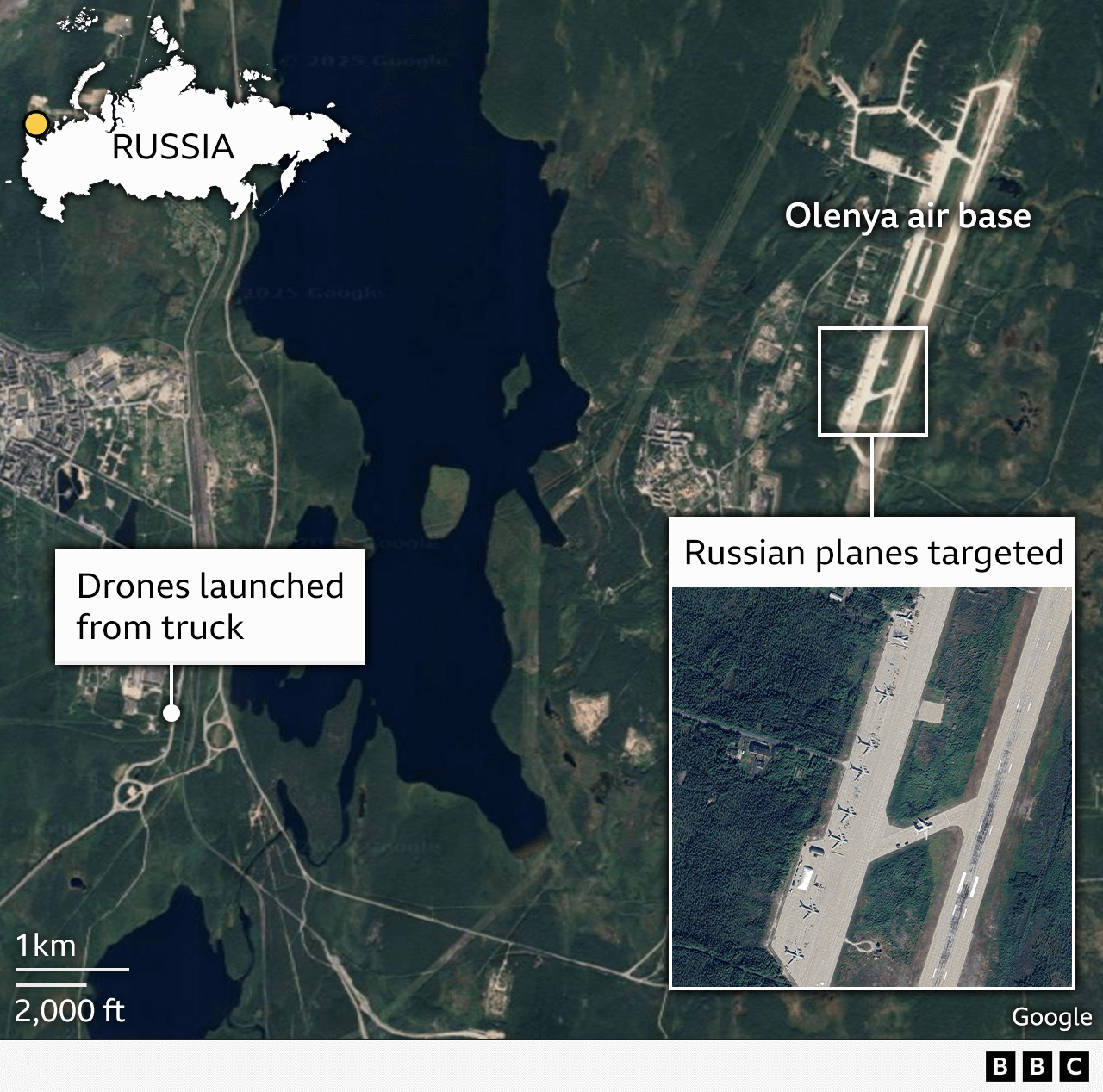 Kako je Ukrajina izvela smelu akciju 'Paukova mreža' na ruske bombardere 4 mapa baze Olenija, ukrajhinski napad na ruske avio baze