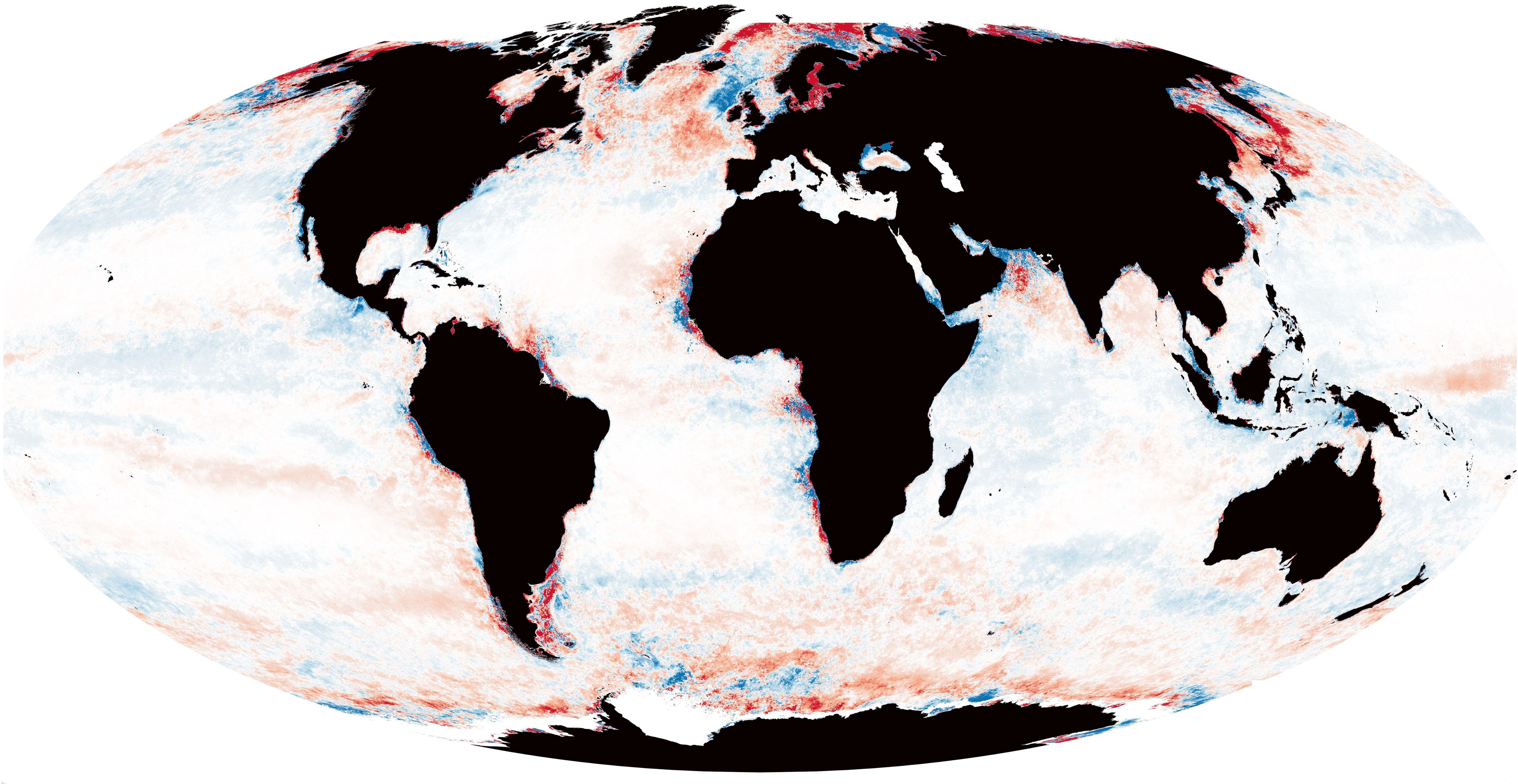 Zašto okeani postaju tamniji 2 Svetska mapa koja prikazuje promene u globalnim zonama između 2003. i 2022. godine, sa crvenim oblastima koje označavaju zatamnjenje okeana i plavo posvetljivanje.