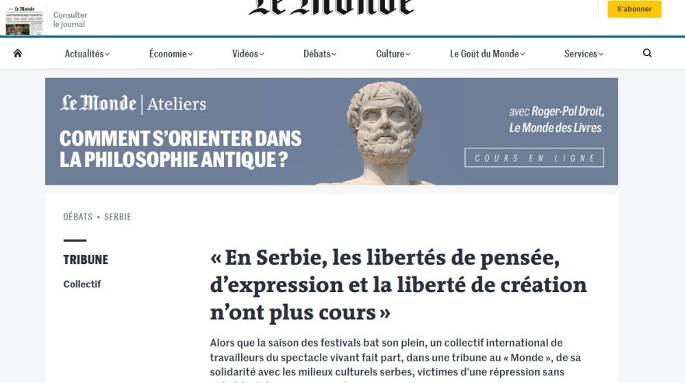 Apel više od 40 evropskih umetnika i stvaralaca na sajtu lista Le Monde: U Srbiji sloboda mišljenja više ne postoji 1
