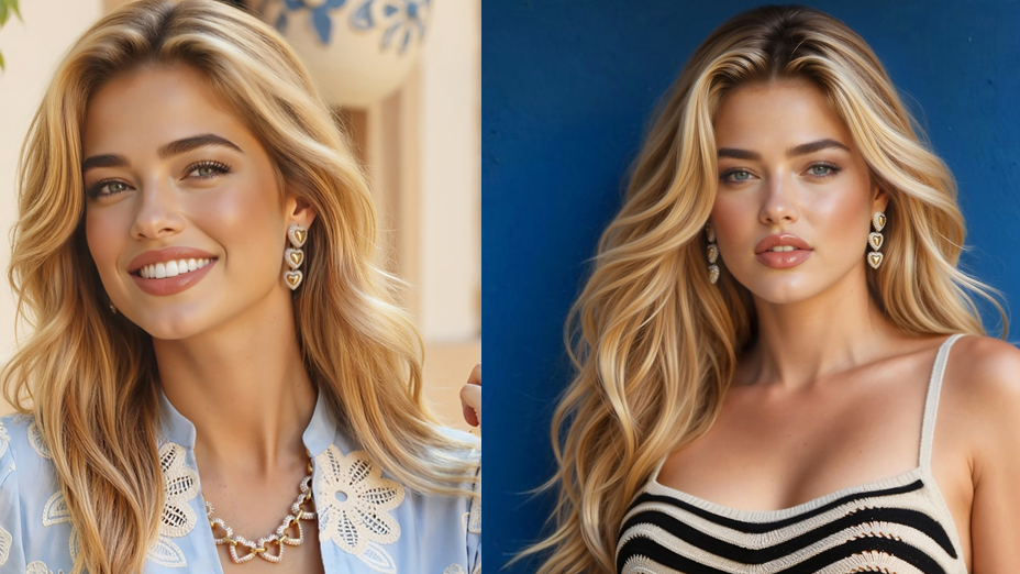 Generisana slika žene sa plavom kosom koja nosi plavi cvetni top sa leve strane i crno-belu haljinu sa desne strane, napravljena veštačkom inteligencijom