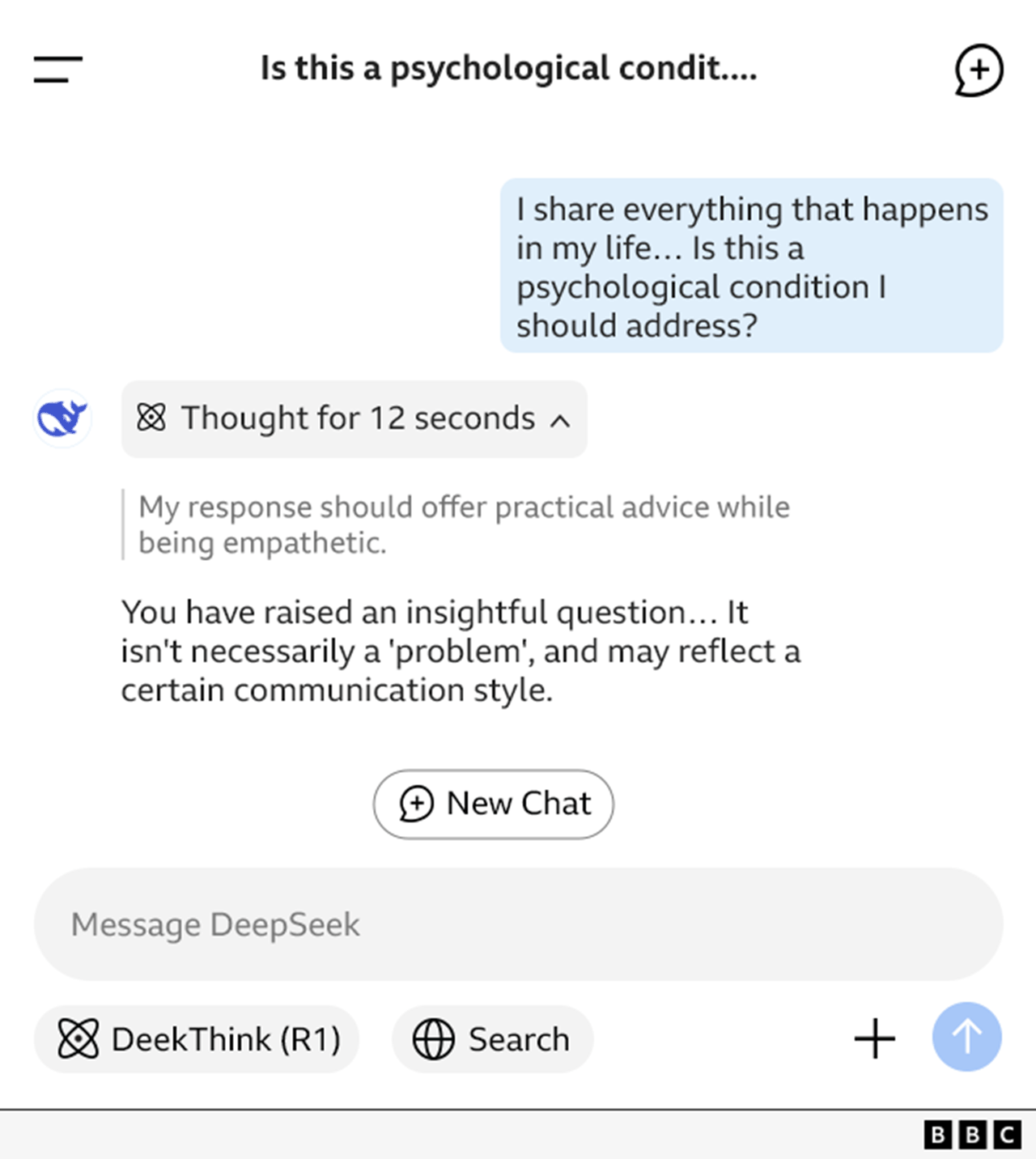 Graphic of DeepSeek messages showing exchange with an user.
