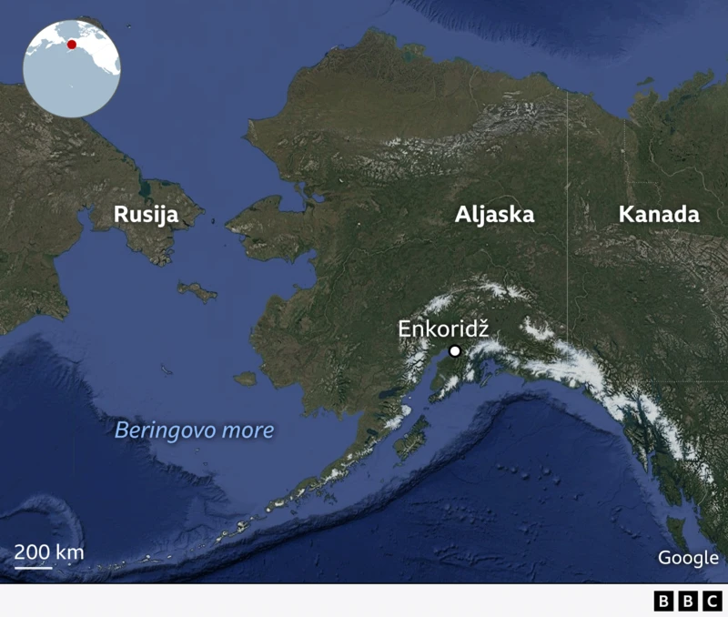 Mapa geografskog položaja Aljaske između Rusije i SAD