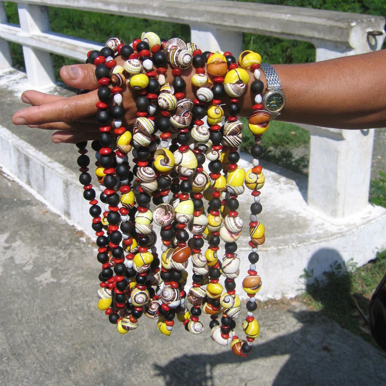 Ruka osobe, čiji ostatak nije u kadru, ispružena je i na nju je okačeno oko 10 šarenih ogrlica od perli. Kada se bolje pogleda, neke od ovih perli su zapravo šarene školjke puževa. Neke od njih su školjke ugroženih puževa Polymita.