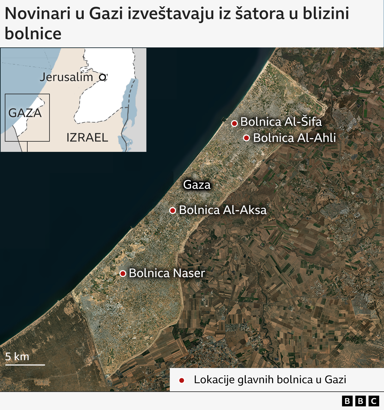 'Iscrpljeni, gladni i uplašeni': Kako je biti novinar u Pojasu Gaze 2 Mapa glavnih bolnica u Gazi