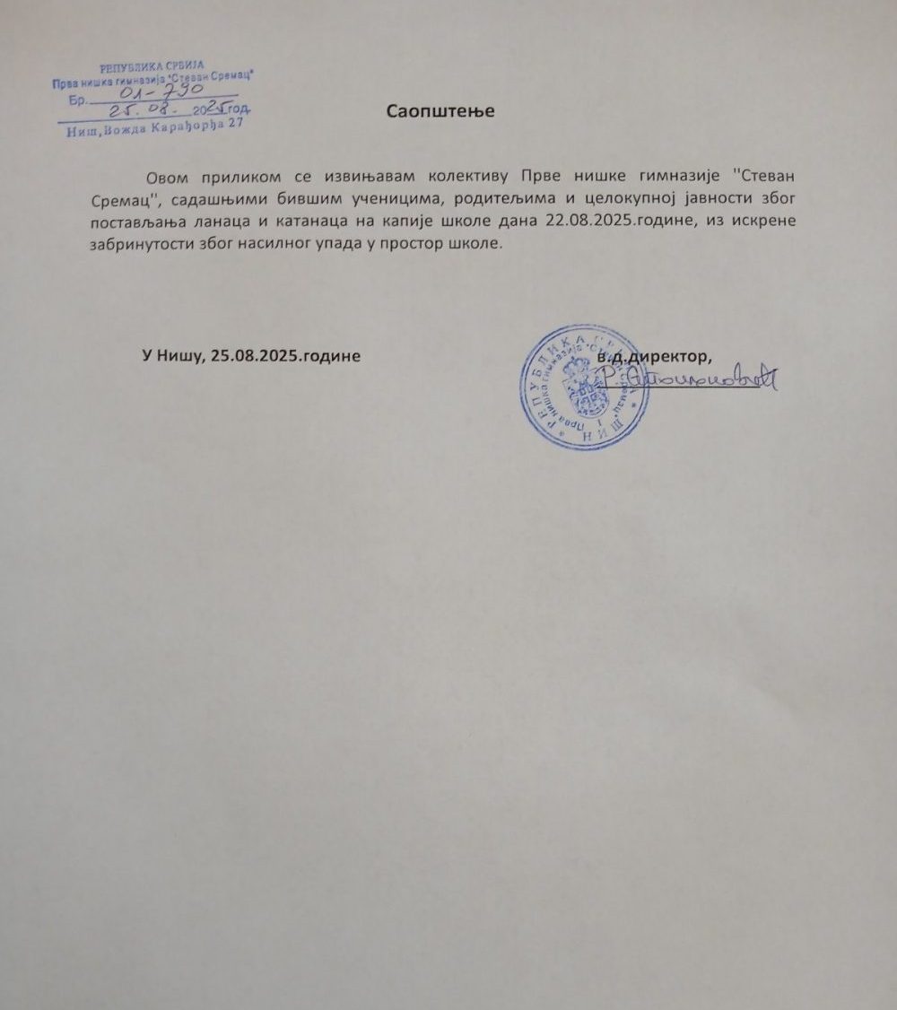 "Izvinjavam se, bilo je iz iskrene zabrinutosti zbog nasilnog upada": Nova direktorka niške gimnazije "Stevan Sremac" o katancima na ulazima u vreme protesta 2