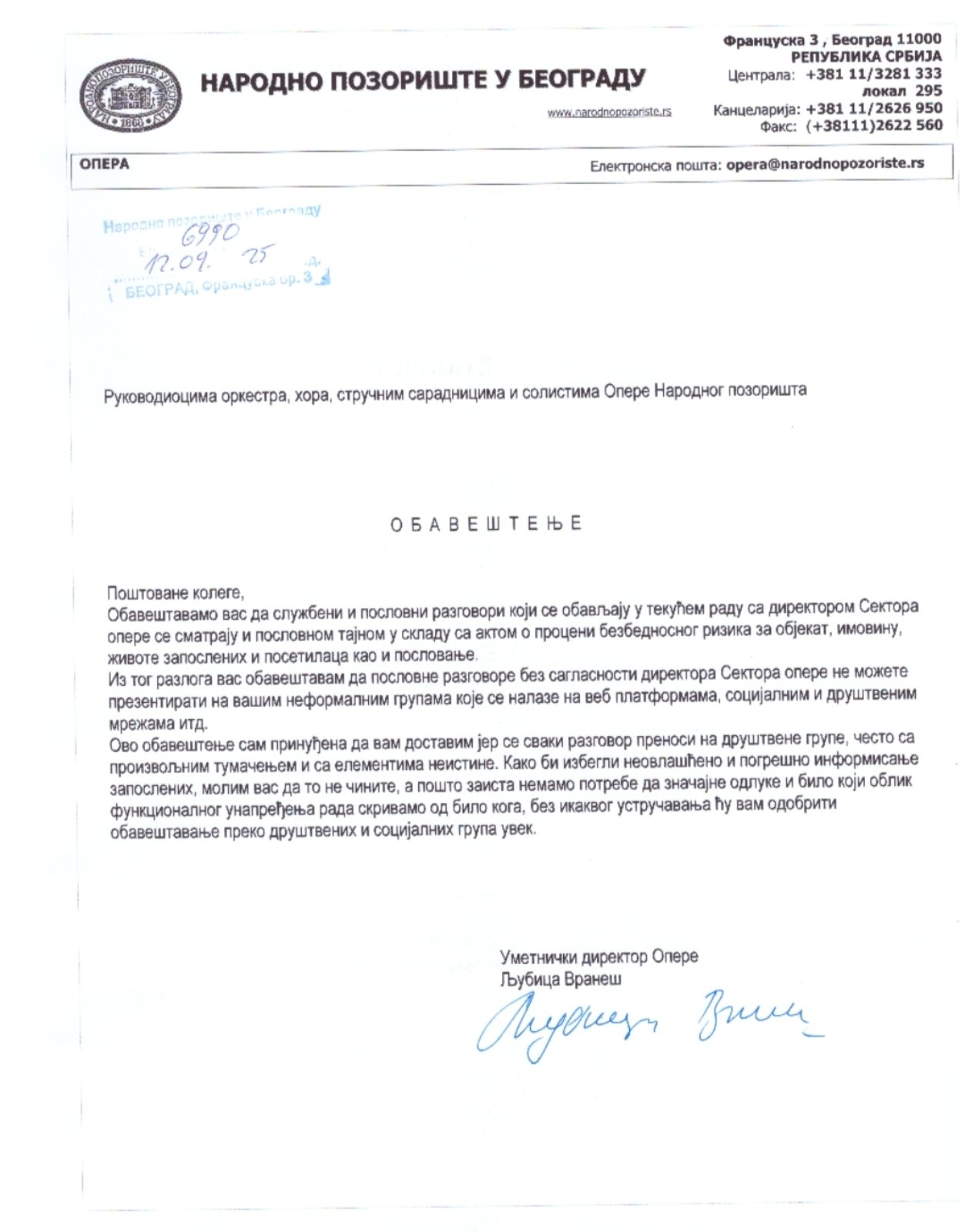 Direktorka Opere Narodnog pozorišta u Beogradu Ljubica Vraneš: Svi razgovori sa mnom – poslovna tajna 1