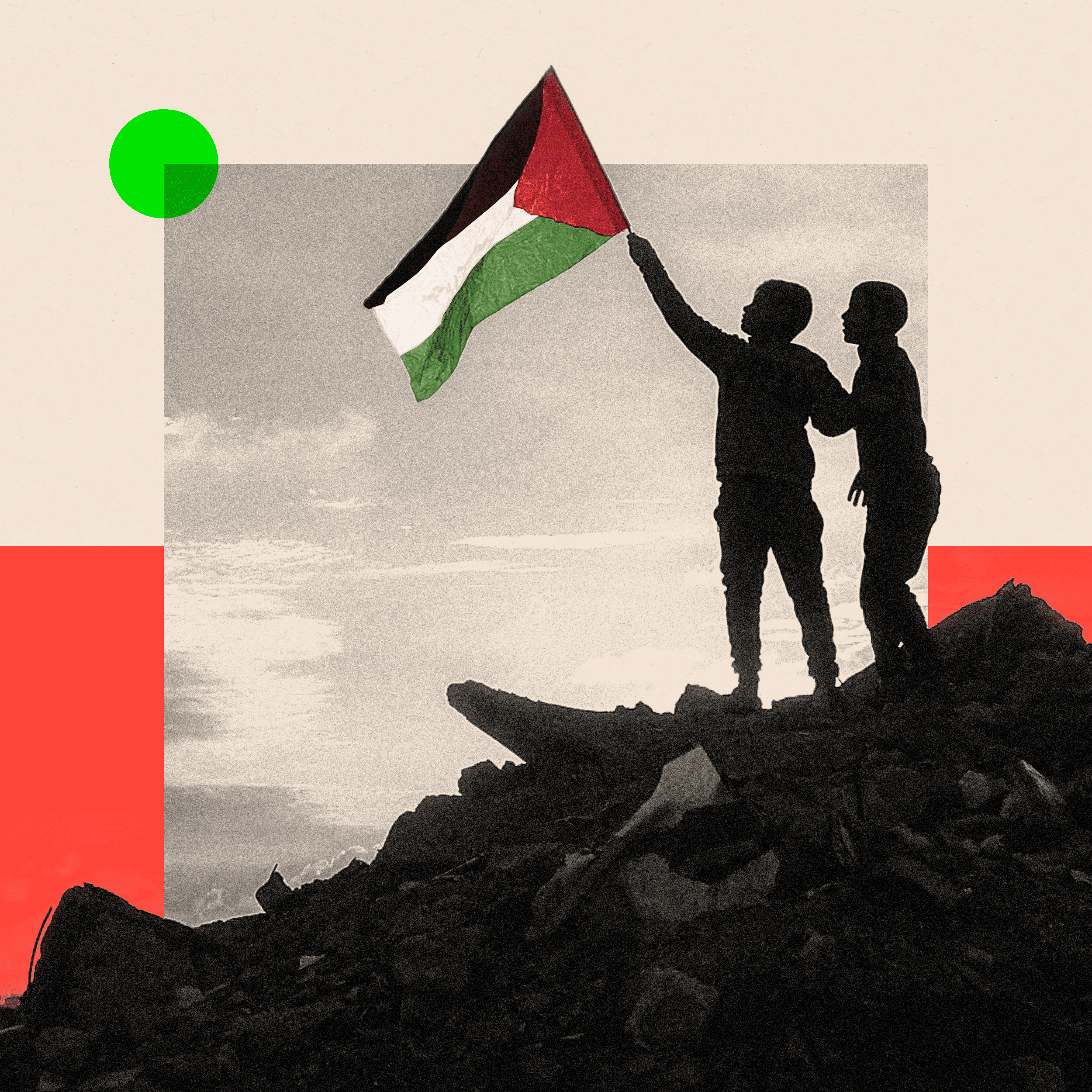  A boy runs with a Palestinian flag atop a mound of rubble at a camp