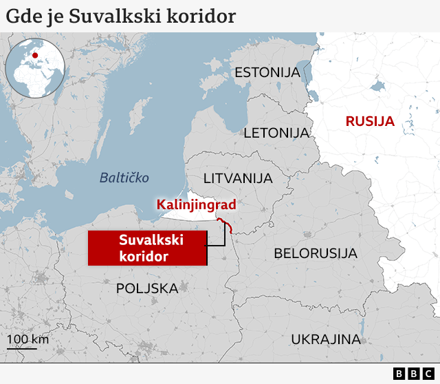 'Zona opasnosti' u Evropi za koju malo ljudi zna: Suvalkski koridor 2 Mapa prikazuje granicu između Litvanije i Poljske označenu crvenom bojom kao Suvalski prolaz. Na mapi se takođe takođe ističu Baltičko more plavom bojom, Belorusija, Ukrajina, Letonija, Estonija sivom bojom i Rusija belom bojom.