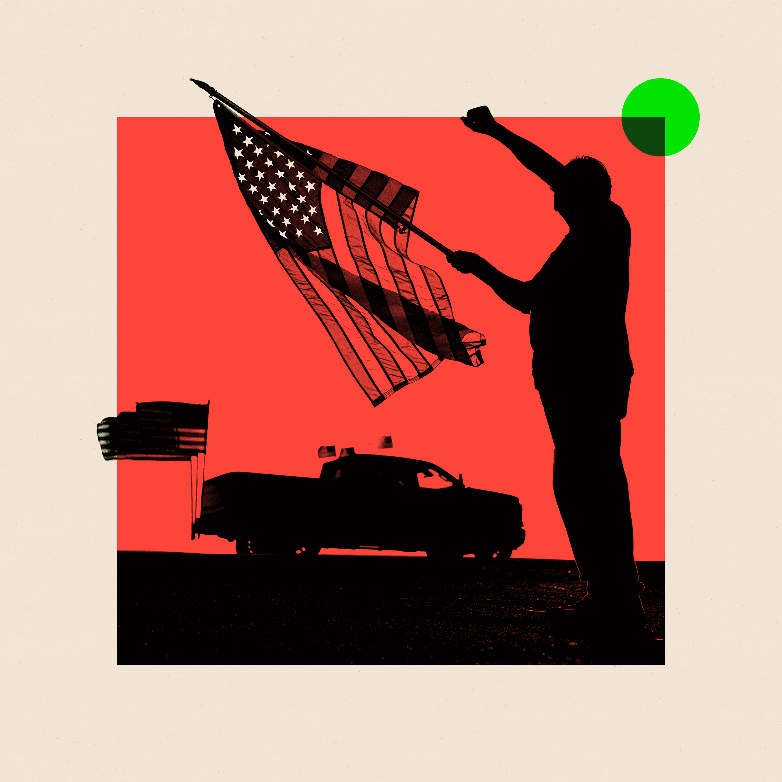 Zašto je Amerika na opasnom raskršću posle ubistva Čarlija Kirka 1 Ilustracija čoveka kako stoji podginute pesnice i drži zastavu amerike