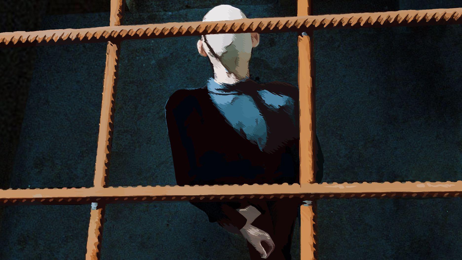 'Tamo vas ubijaju polako': Ukrajinski zarobljenici o ozloglašenom ruskom zatvoru 1 Ilustracija zatvorenika u ratu iza rešetaka sa rukama prekrštenim na leđim