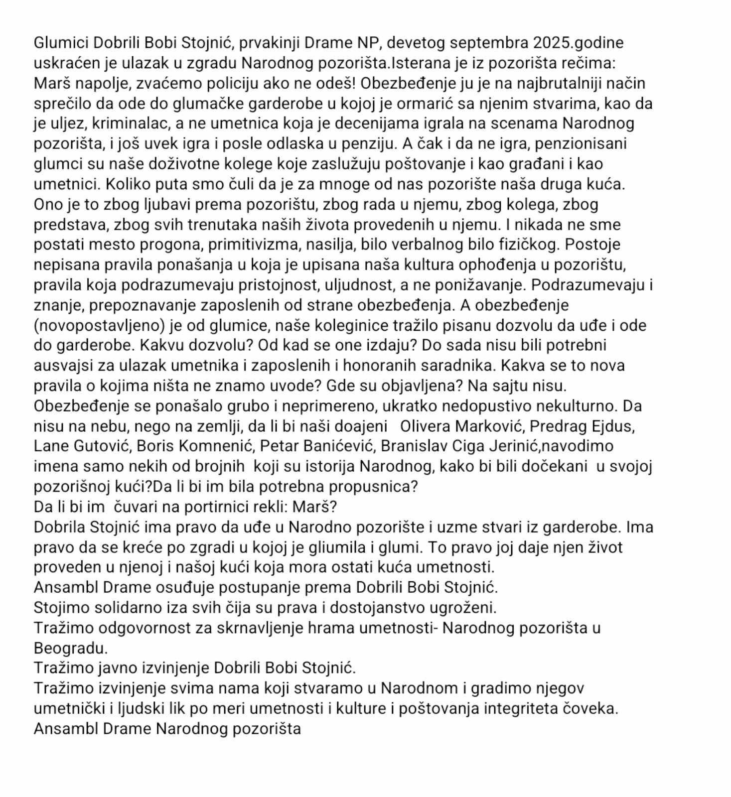 „Tražimo izvinjenje i odgovornost“: Ansambl Drame Narodnog pozorišta u Beogradu povodom isterivanja Dobrile Stojnić iz matičnog teatra 2