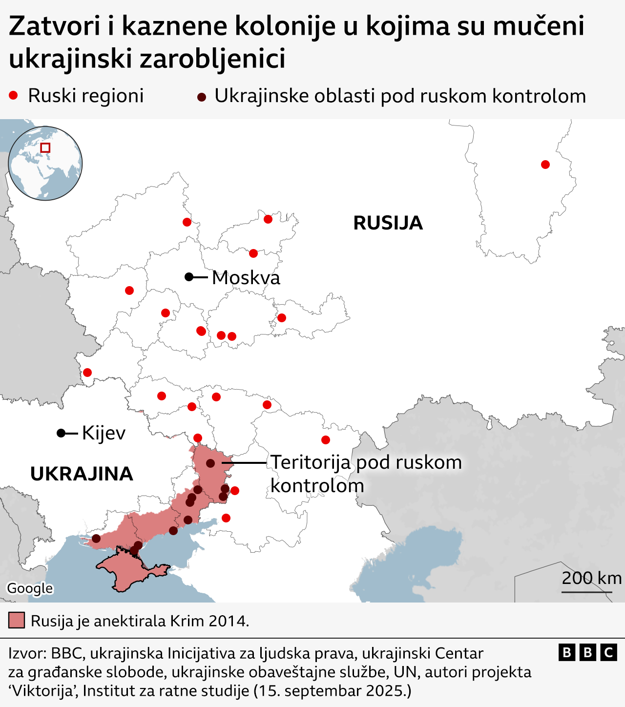 'Tamo vas ubijaju polako': Ukrajinski zarobljenici o ozloglašenom ruskom zatvoru 6 Mapa Rusije na kojoj su označeni zatvori i kaznene kolonije u kojima su navodno mučeni ukrajinski ratni zarobljenici i uhapšeni civili