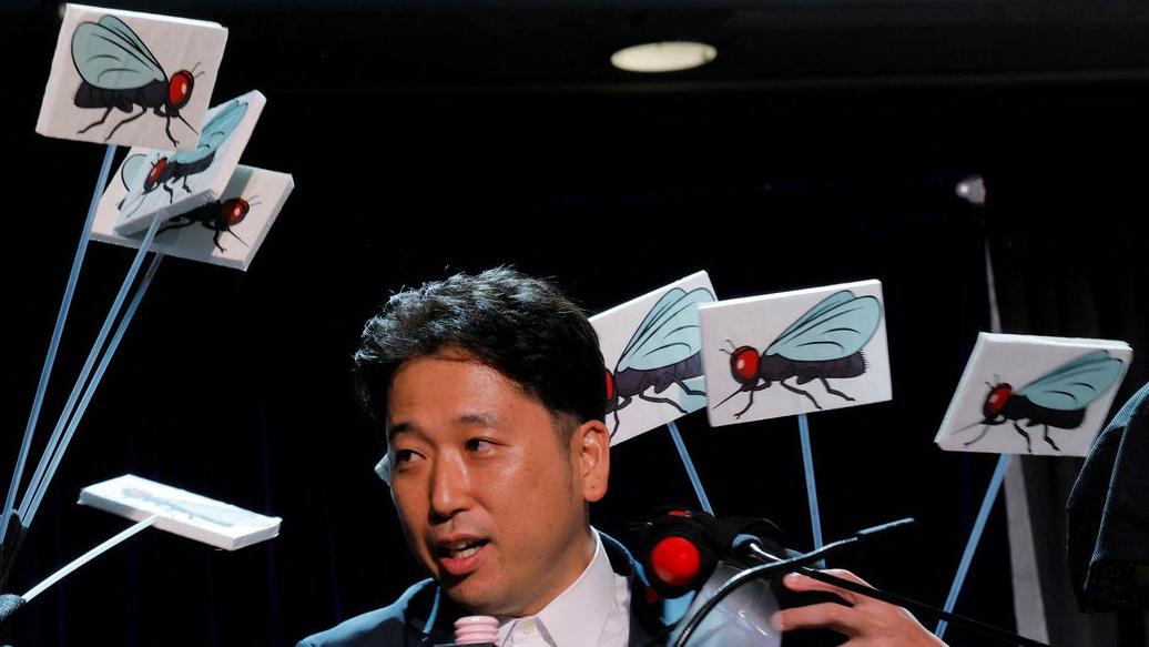 Naučnik na bini dok ga kolege napadaju lažnim mušicama