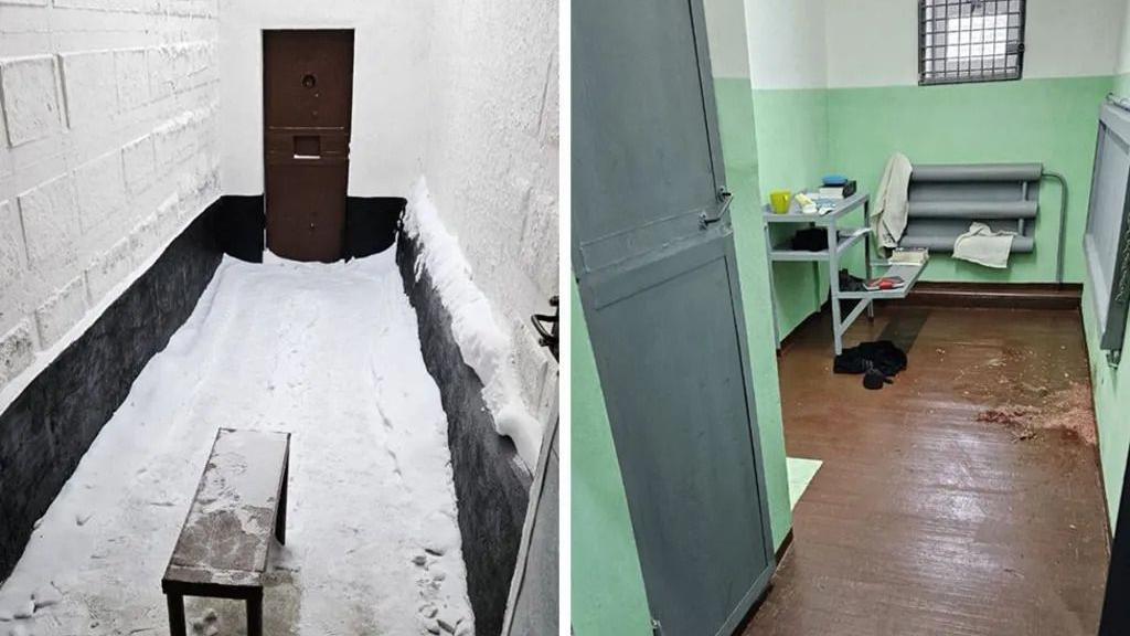 Na fotografiji levo prikazano je dvorište za vežbanje prekriveno snegom sa jednom klupom, dok je na desnoj slici kaznena ćelija