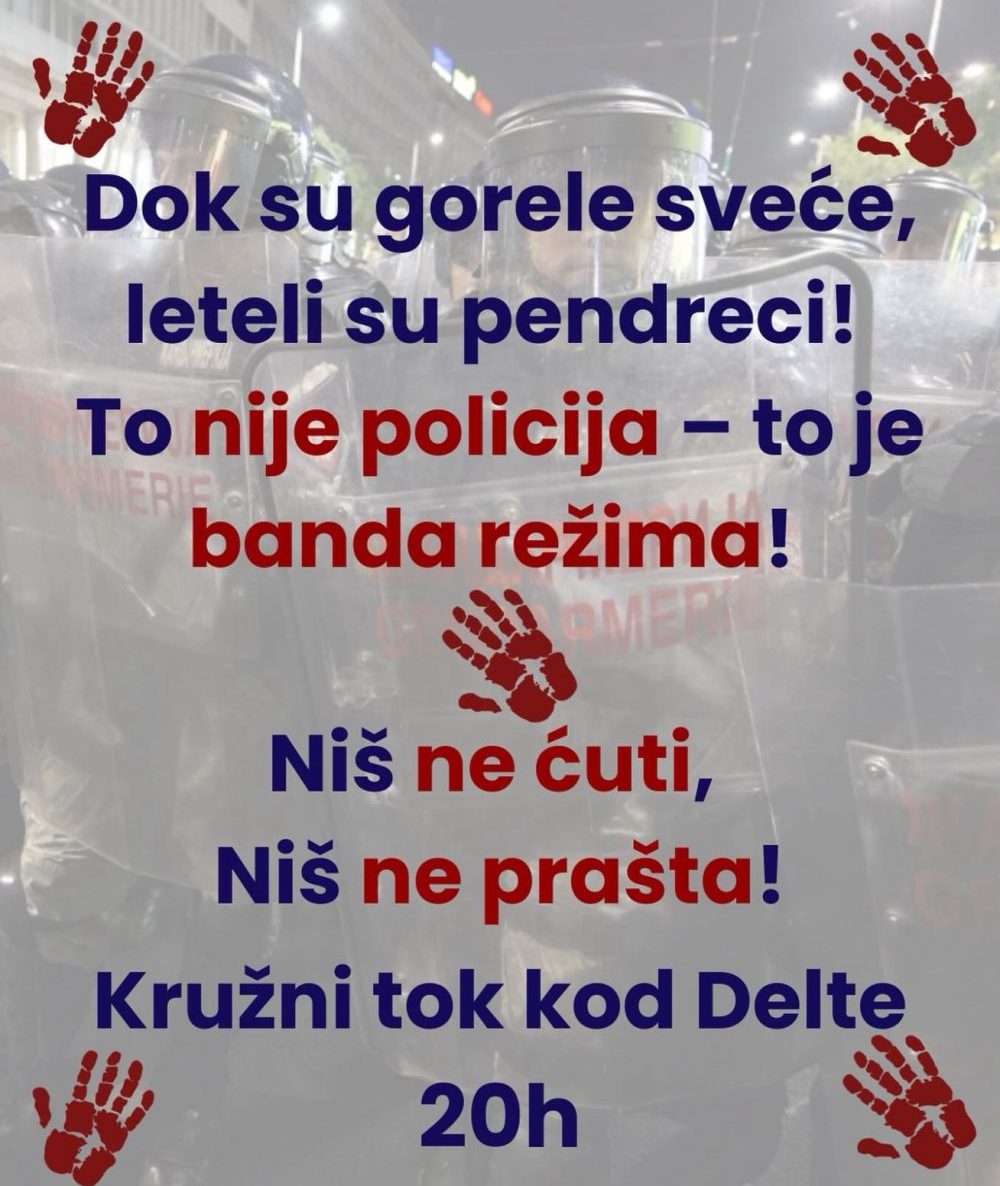 U Nišu večeras "hitna akcija" zbog policijske represije sinoć u Novom Sadu: Kružni tok kod Delte, 20 časova 2