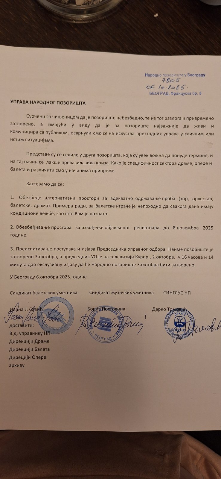 Danas došao u posed dopisa upućenog Upravi Narodnog pozorišta u Beogradu: Šta piše u njemu? 2