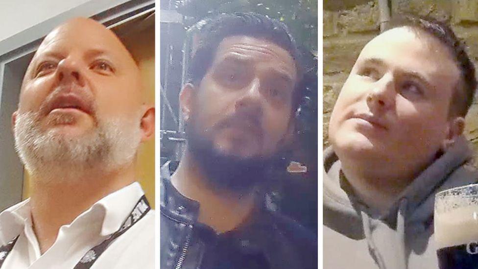 A composite image of hidden camera stills showing three people: from the left, Sgt Joe McIlvenny, a man with a shaven head and a grey beard, wearing a police uniform and a lanyard round his neck; PC Martin Borg, a man with dark hair and a dark beard, wearing a leather jacket; and PC Phil Neilson, a man with short brown hair wearing a grey hoodie in a pub with a pint of Guinness in front of him.