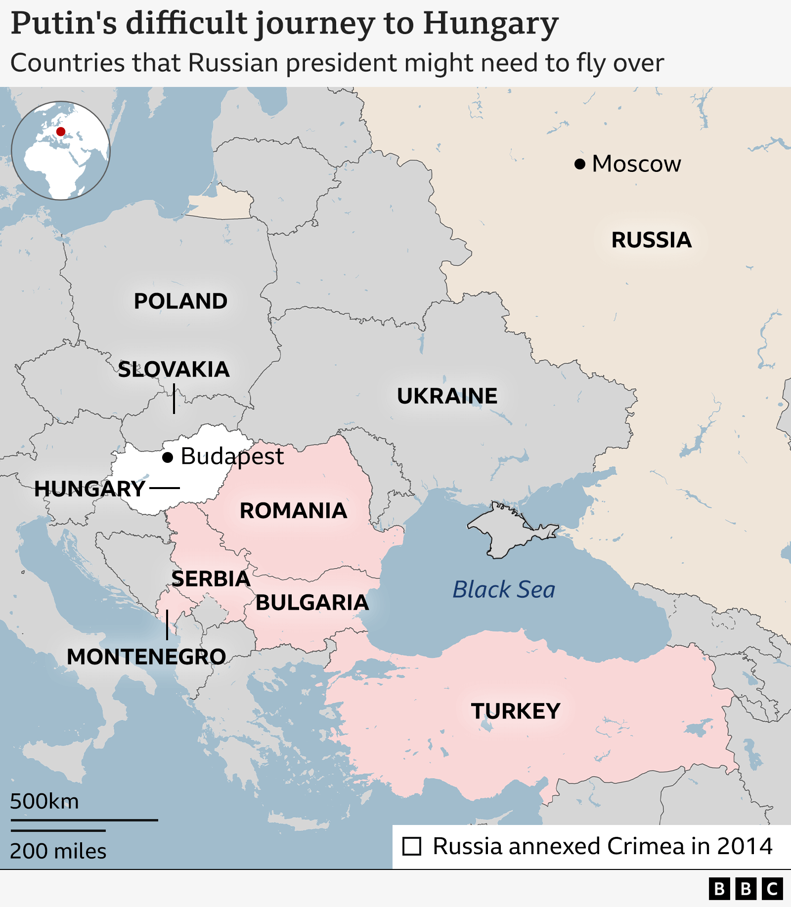 Kako će Putin u Budimpeštu: Može li 'Leteći Kremlj' proći kroz EU 3 A map showing countries in red that Putin might need to fly over