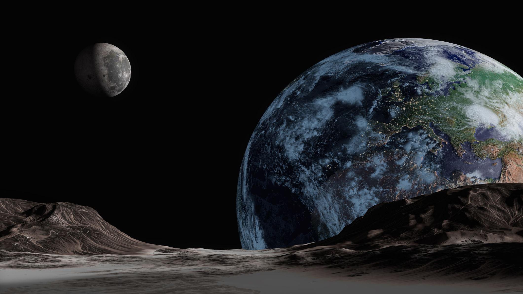 Umetnička ilustracija kako bi Zemlja i Mesec mogli da izgledaju sa trećeg nebeskog tela u bliskom svemiru. Stene ovog asteroida vide se u prvom planu, sa Zemljom koja se nadvija nad desnom stranom - more i kontinenti su jasno vidljivi - i Mesecom kao sivom masom udaljenijom gore desno