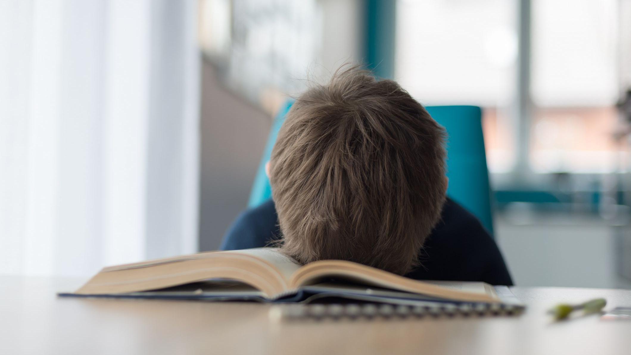 Jesu li neki ljudi prirodno loši u matematici 1 dečak sedi za stolom i stavio j glavu na otvorenu knjigu, učenik, dete koje uči, dete nevoljno uči za stolom