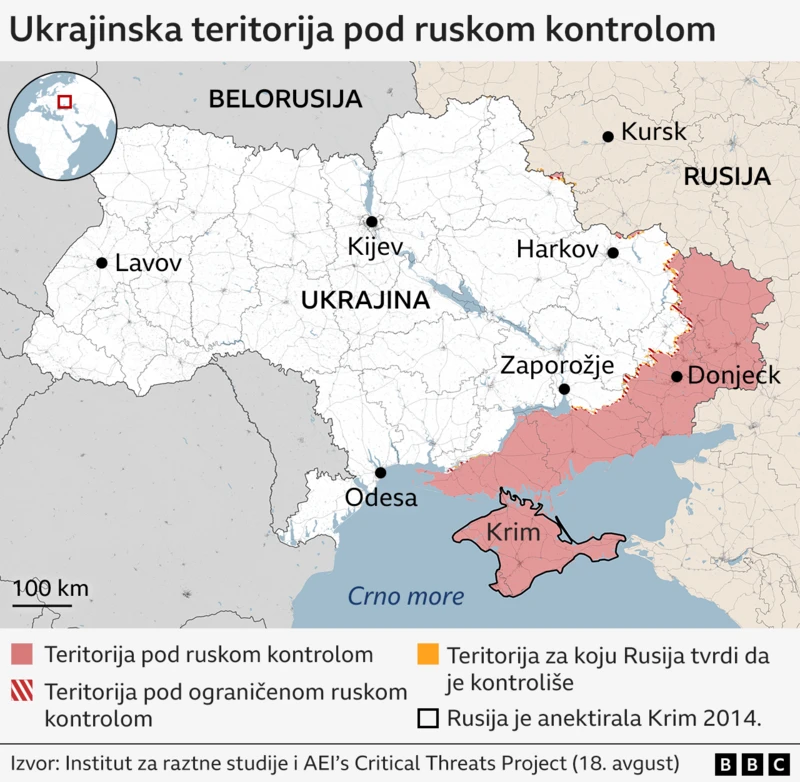 Mapa Ukrajine na kojoj su obeležene teritorije pod kontrolom Rusije
