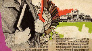 Šta se krije iza 'najveće evropske krađe knjiga od Drugog svetskog rata' 5 A collage depicting a book being hidden in the bosom of a coat, with the MSU library building in the background