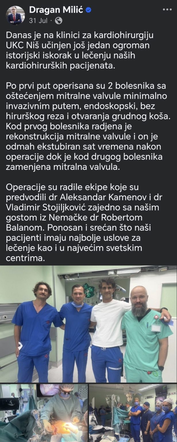 "Ministarstvo zdravlja proverava da li niška Kardiohirurgija radi ’na crno‘": Dr Dragan Milić prozvao ministra Lončara i direktora UKC 4