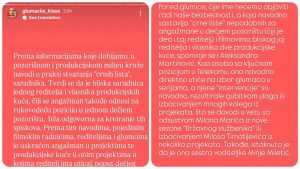 Na Instagram profilu Glumačke klase pojavile su se objave u kojima se iznose tvrdnje o postojanju takozvanih “crnih lista” u domaćem pozorišnom i produkcijskom miljeu.