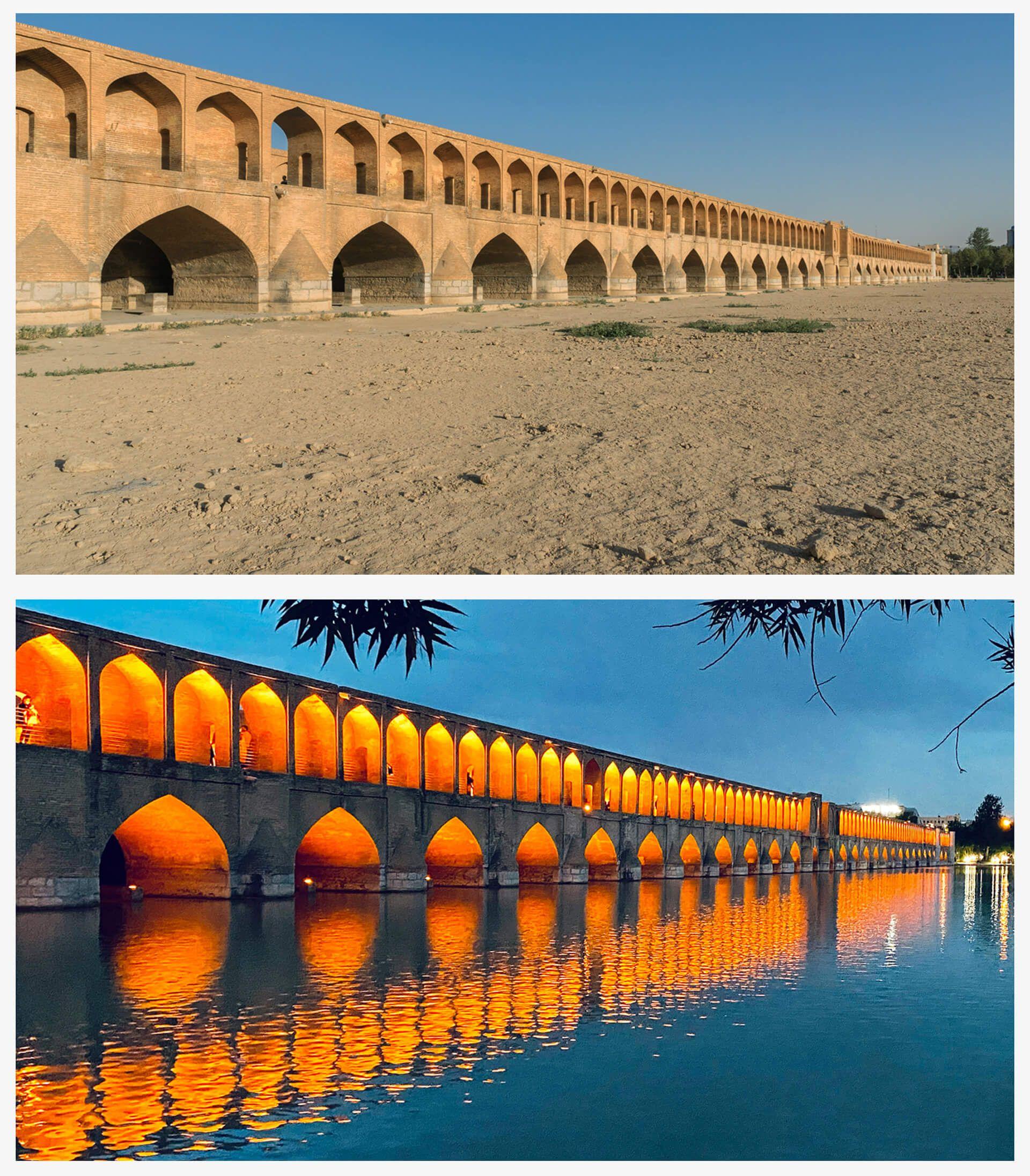 'Nulti dan' u Teheranu: Milioni ljudi u iranskoj prestonici ostaju bez vode 6 Rečno korito ispod mosta Si-o-se-pol (Most broj 33) presušilo je tokom godina, na slici od 22. februara 2025. godine (gore), ali je 5. juna 2023. godine reka Zajandeh Rud još tekla ispod ove istorijske turističke atrakcije (dole)