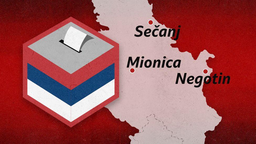 Mapa Srbije, glasačla kutija u bojama zastave i crvene tačke na mapi gde se održavaju izbori - Mionica, Sečanj i Negotin