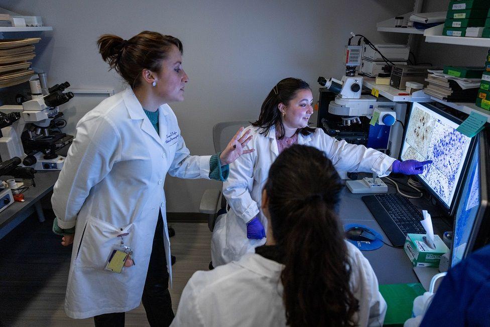 Tamar Gefen (levo) i članovi tima gledaju slike neurona i neuropatologije.