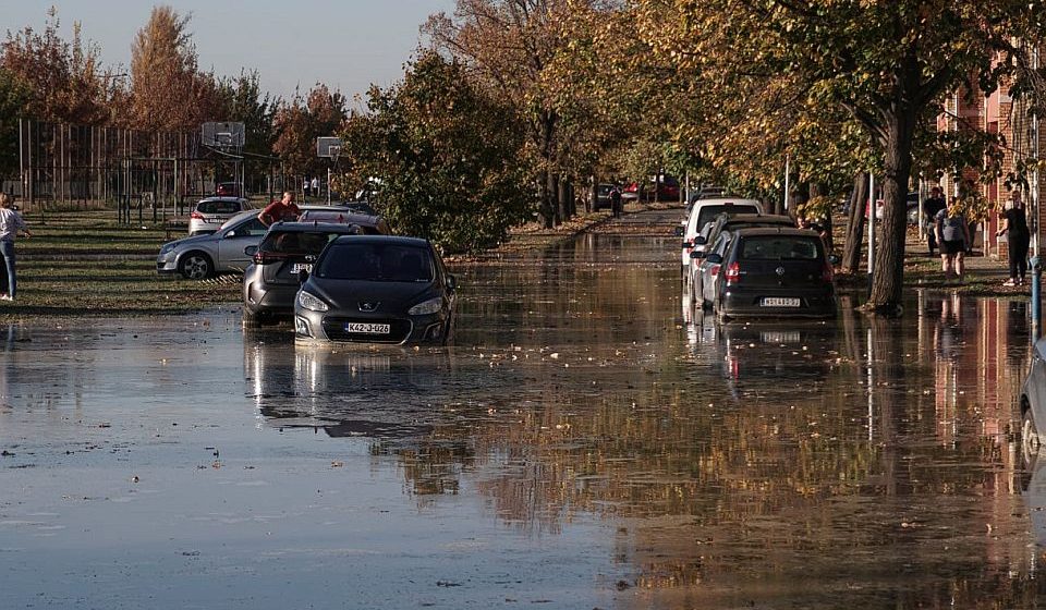 Izlivanje vode u Ulici Veselina Masleše u Novom Sadu FOTO: 021.rs / Sanja Đorđević
