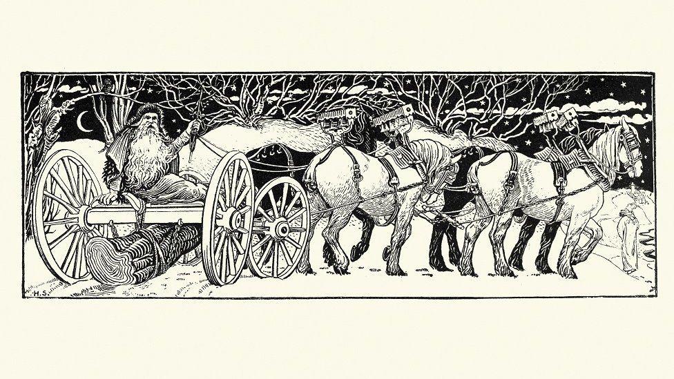 Zanimljivosti o najkraćem danu u godini 11 Vintažna gravura (1800-te) Deda Mraza i badnjaka