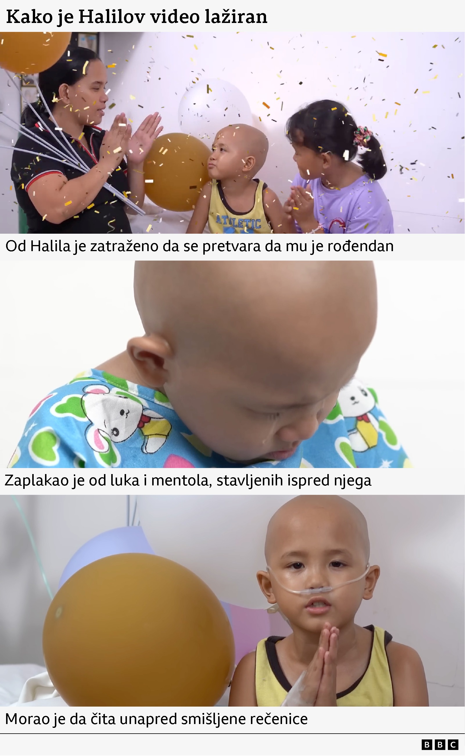Grafika objašnjava kako je video kampanja za Halila bila inscenirana: njegovu majku i sestru kako aplaudiraju dok konfete padaju, uz balone u pozadini, Halila kako plače, Halila kako izgovara rečenice iz scenarija, sa cevčicom u nosu